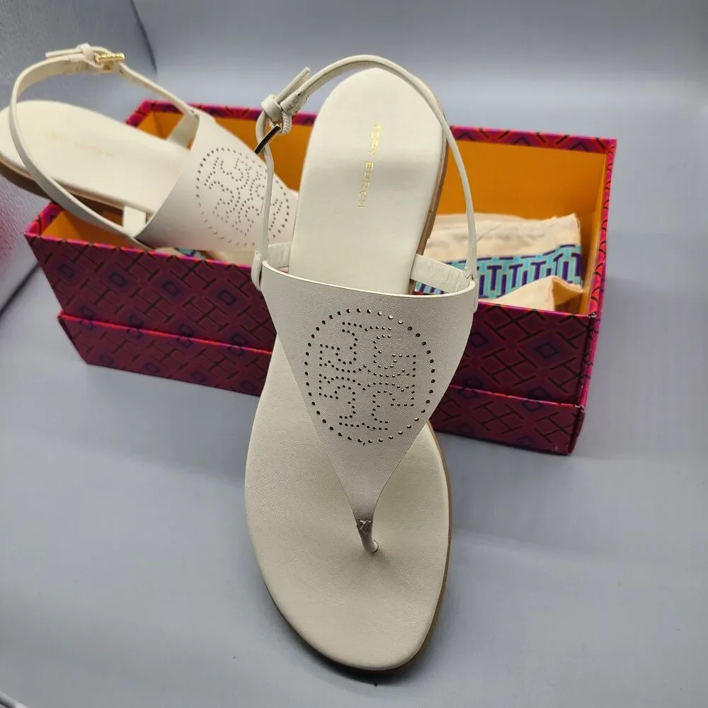TORY BURCH CAPRI Perforated Logo White Leather Thong Flat Sandals  Sz 10.5 New